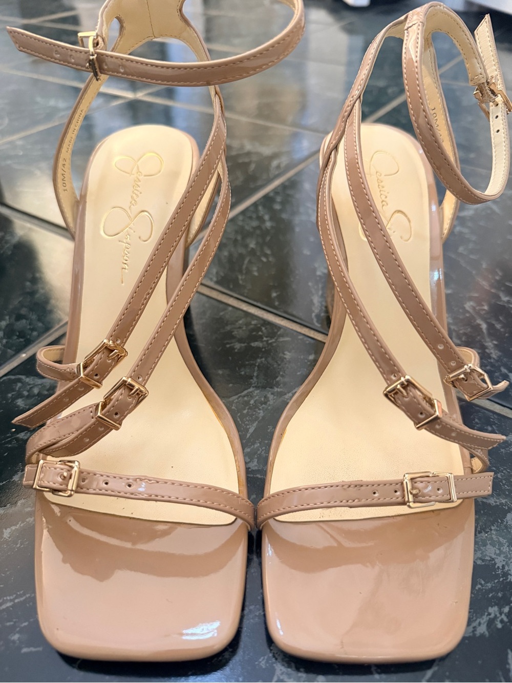 Jessica Simpson Nude Patent Strappy Square-Toe Heels